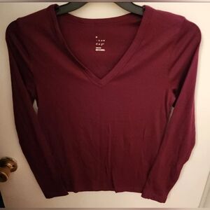 A New Day Maroon Modal V Neck Form-Fitting LongSleeve Stretch T-Shirt Top Medium